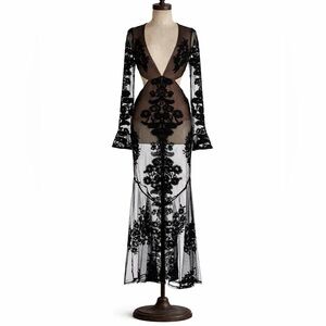 For Love & Lemons Temecula Cutout Black and Tan Lace Maxi Dress